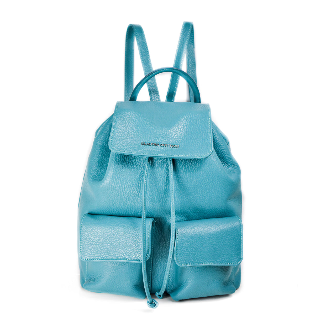 blue leather backpack