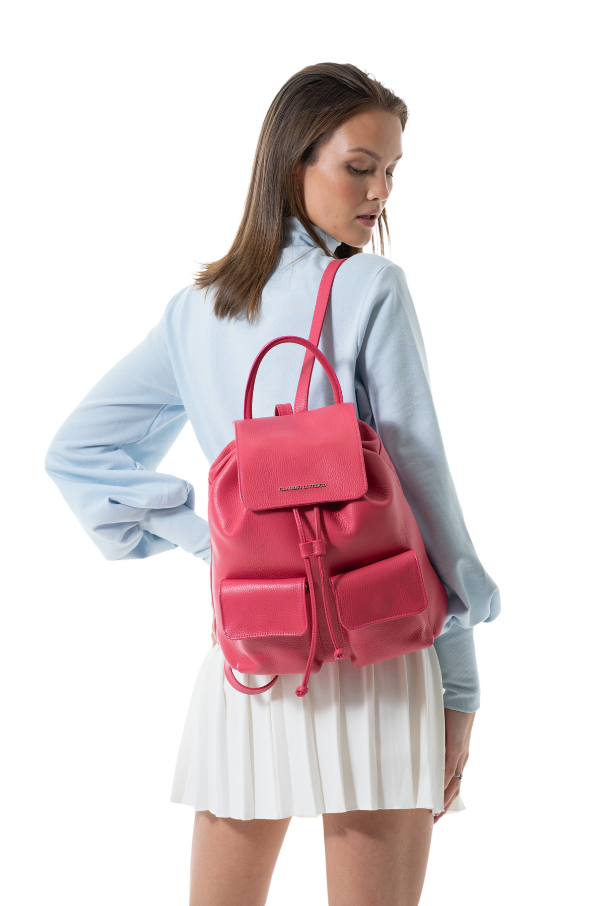 pink leather backpack